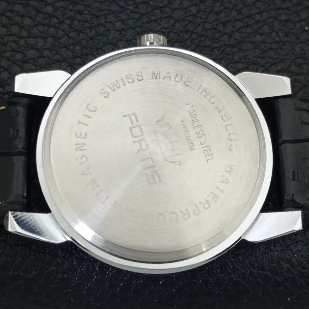 Vintage 1974 Fortis Manual Mens Silver Watch W/Leather Strap & Red accents